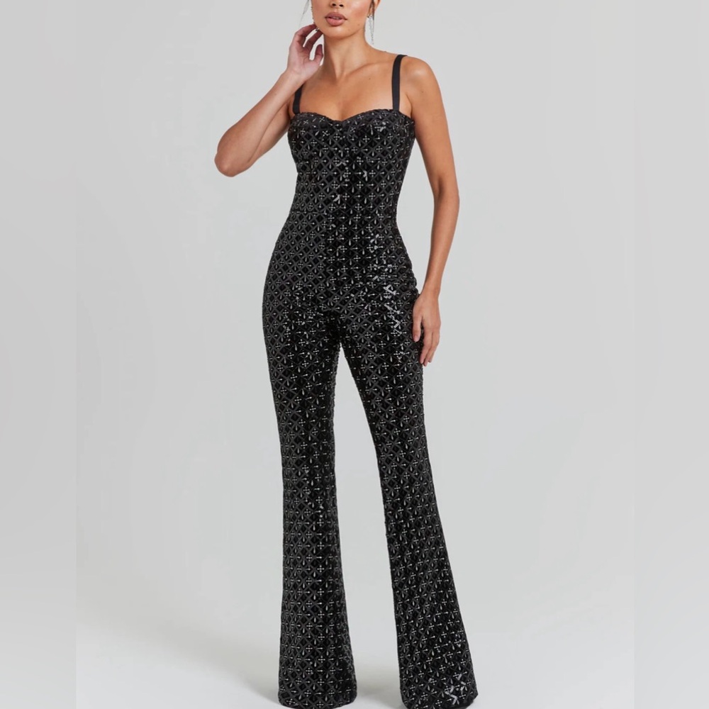 NADINE MERABI Black Sequin Strapless Jumpsuit